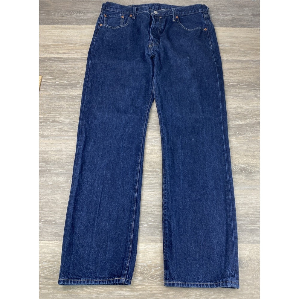 Levi's 501 Straight Leg Jeans Mens Size 38X34 Blue Denim Dark Wash Leather Patch - Picture 2 of 16